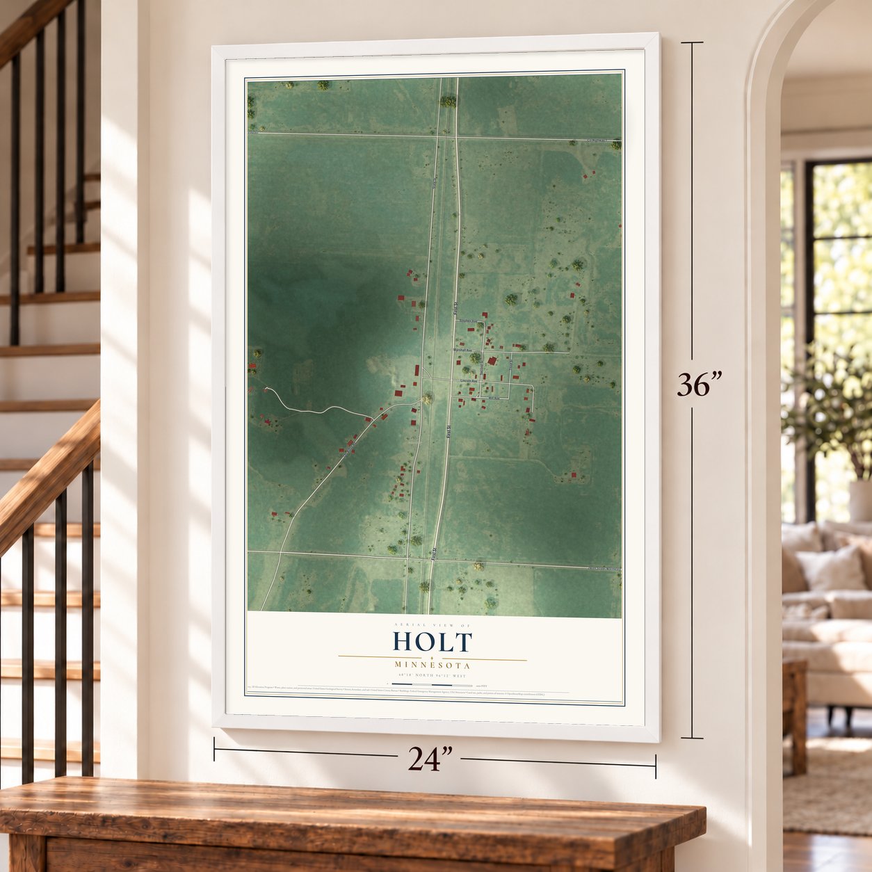 Holt, Minnesota map, 24 x 36 inch print in a white frame by a staircase