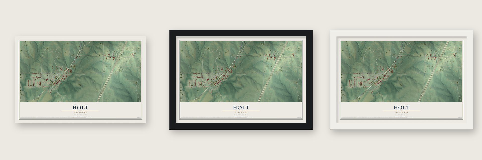 Holt, Missouri map unframed, in a black wood frame and in a white wood frame