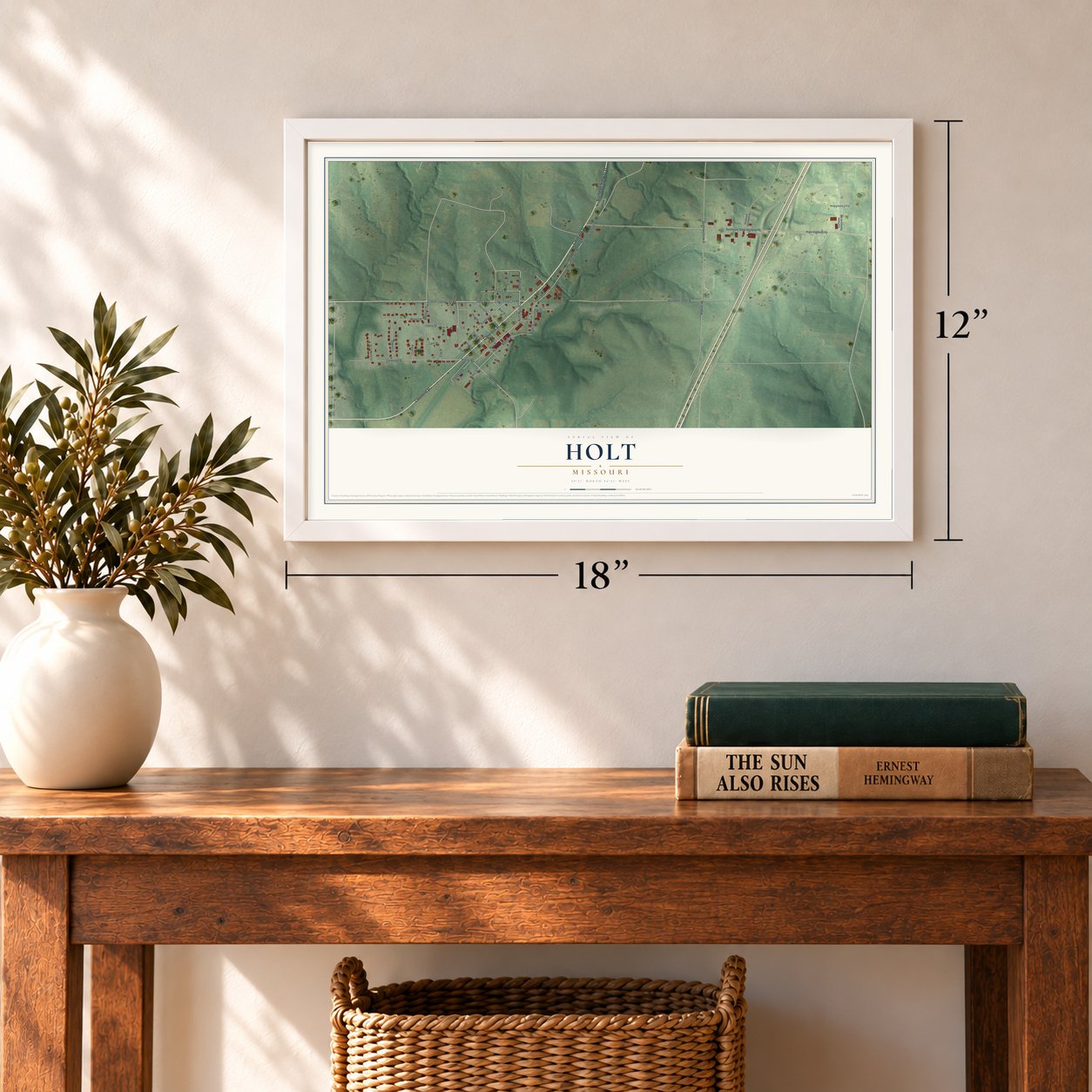 Holt, Missouri map, 12 x 18 inch print in a white frame in an entryway