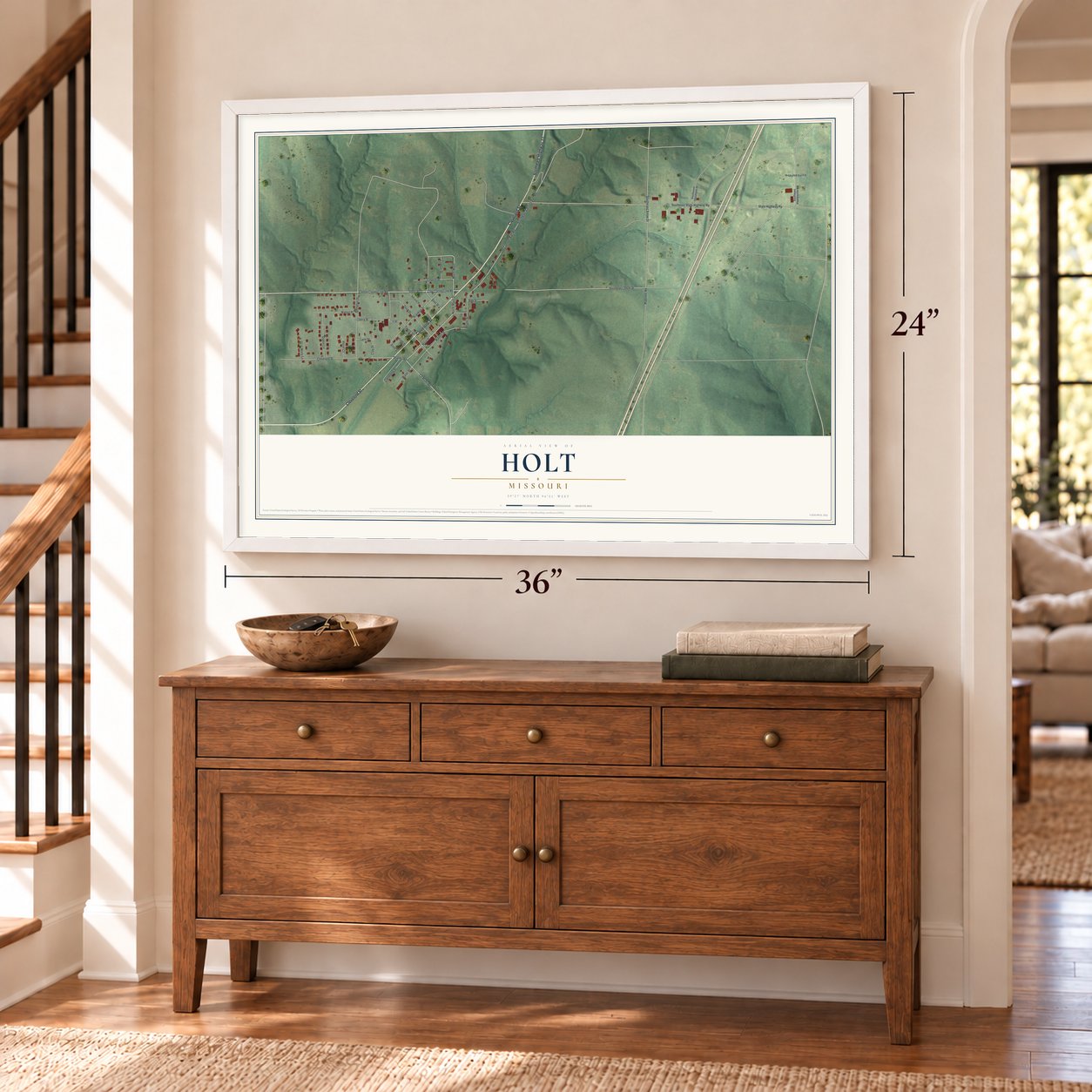 Holt, Missouri map, 24 x 36 inch print in a white frame above a dresser by a staircase