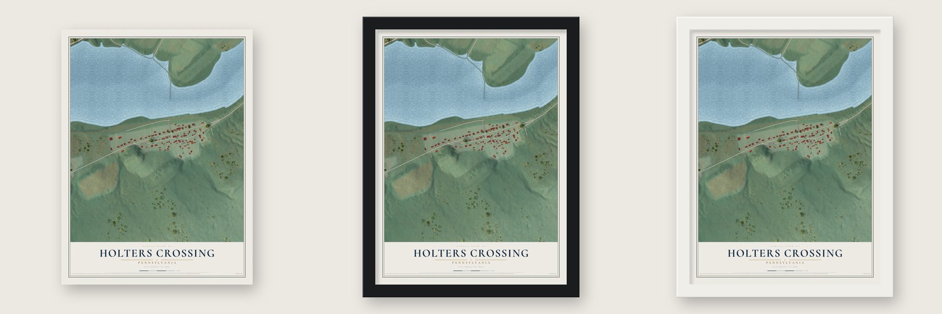 Holters Crossing, Pennsylvania map unframed, in a black wood frame and in a white wood frame