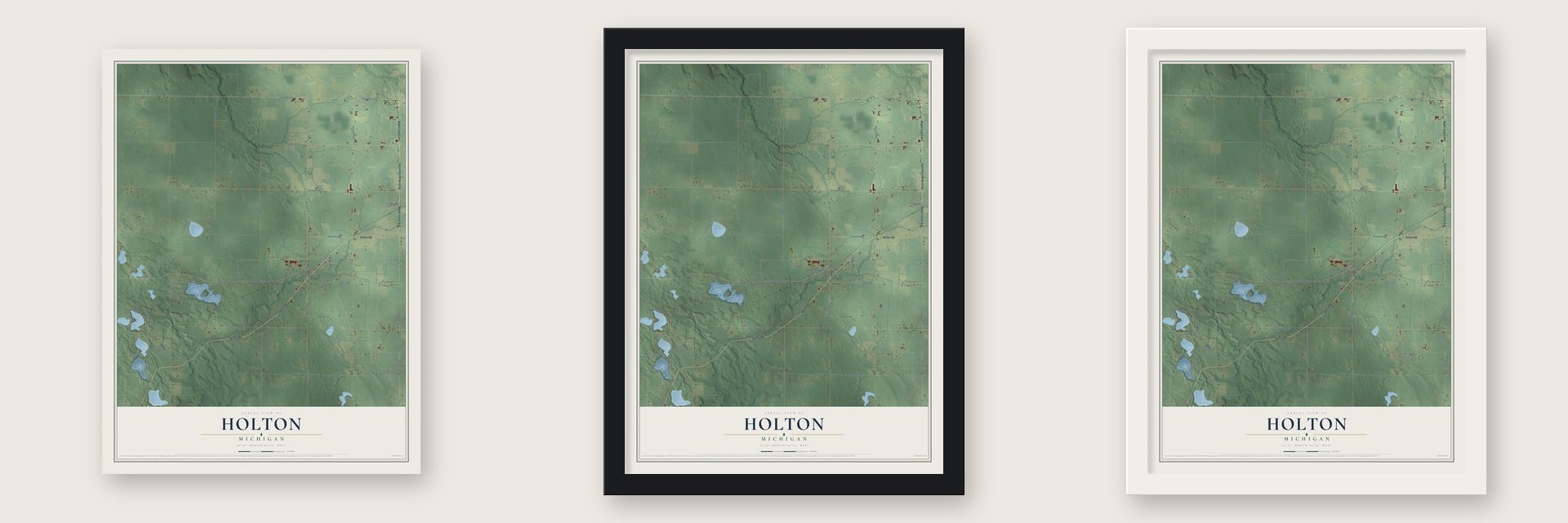 Holton, Michigan map unframed, in a black wood frame and in a white wood frame