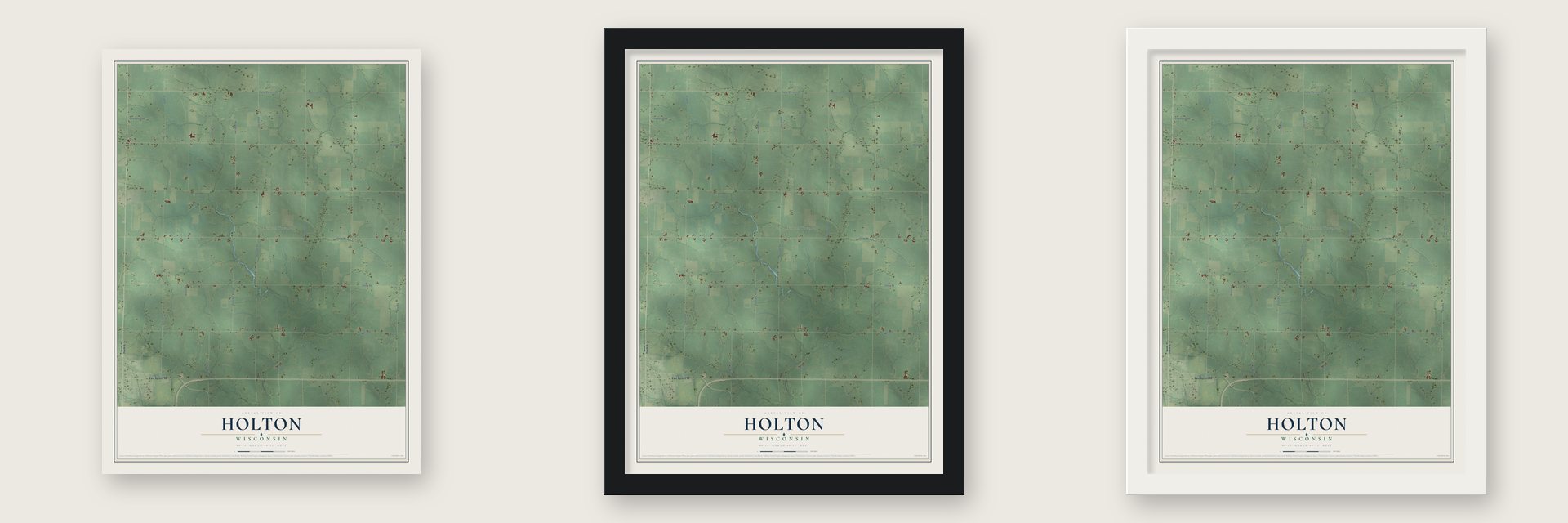 Holton, Wisconsin map unframed, in a black wood frame and in a white wood frame