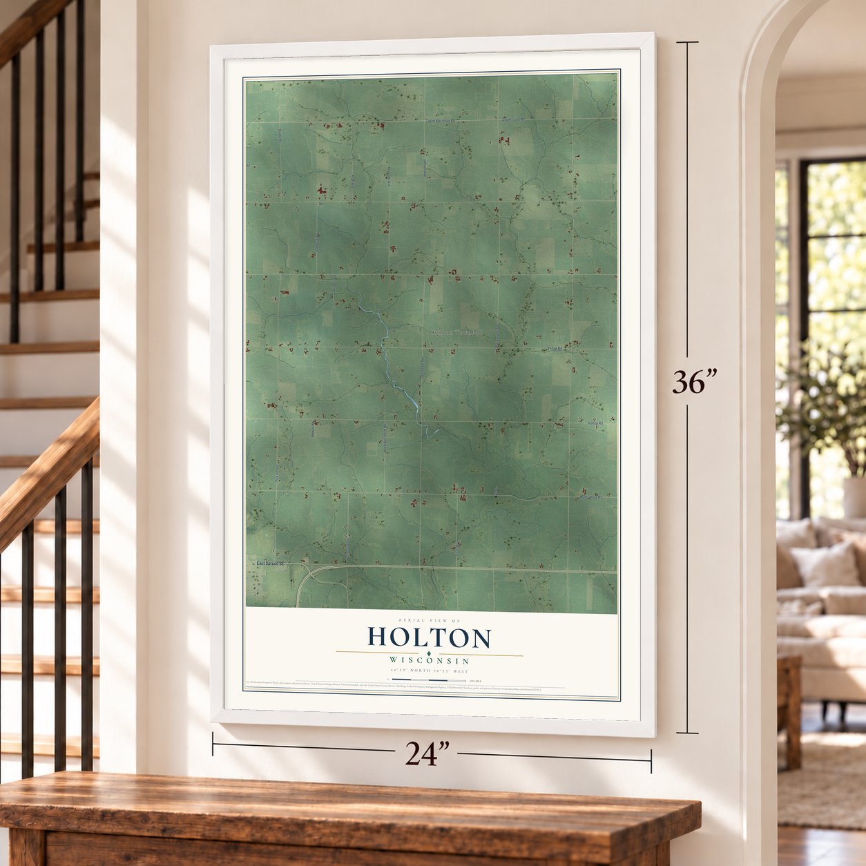 Holton, Wisconsin map, 24 x 36 inch print in a white frame by a staircase