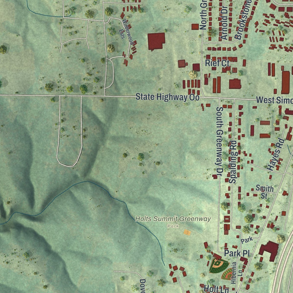 Second close-up of the map of Holts Summit, Missouri print showing more streets and buildings