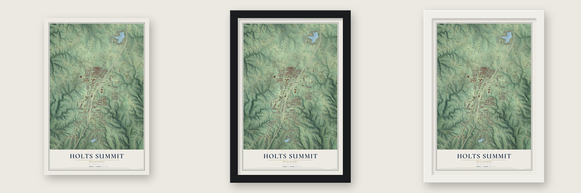 Holts Summit, Missouri map unframed, in a black wood frame and in a white wood frame