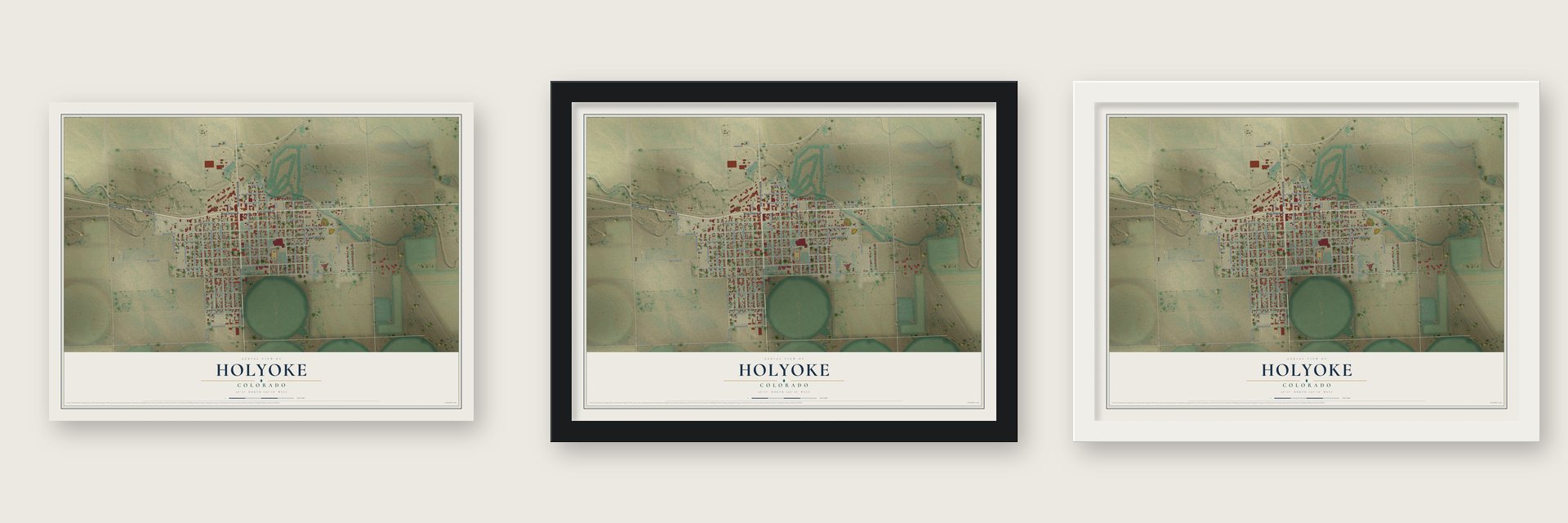Holyoke, Colorado map unframed, in a black wood frame and in a white wood frame