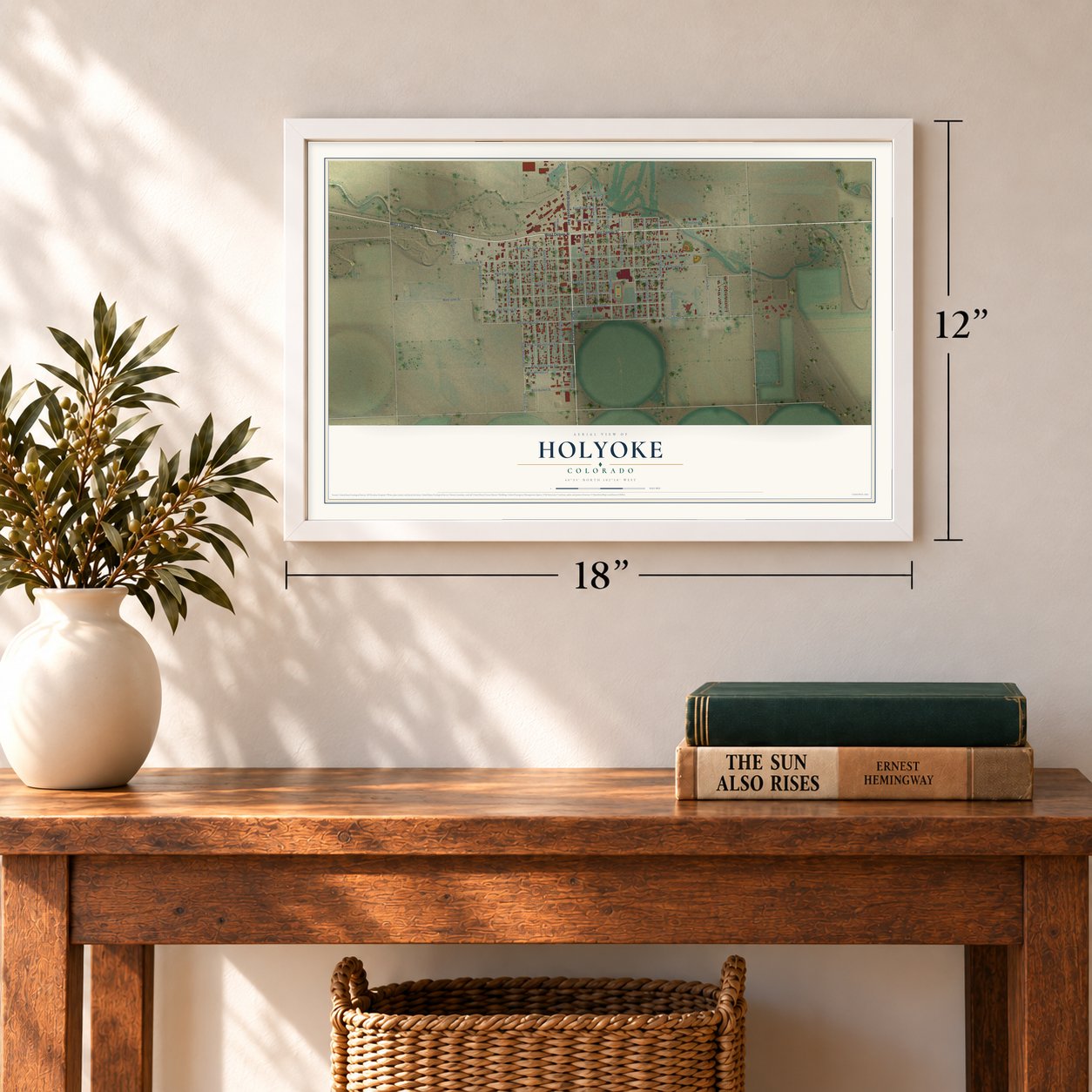 Holyoke, Colorado map, 12 x 18 inch print in a white frame in an entryway