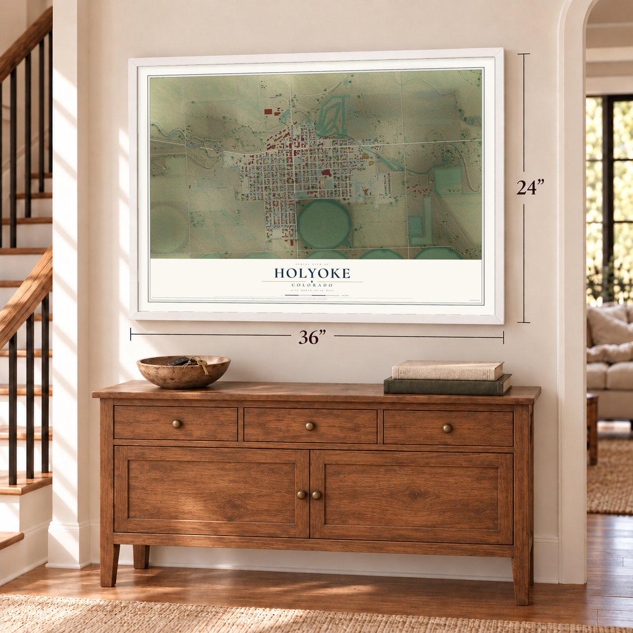 Holyoke, Colorado map, 24 x 36 inch print in a white frame above a dresser by a staircase