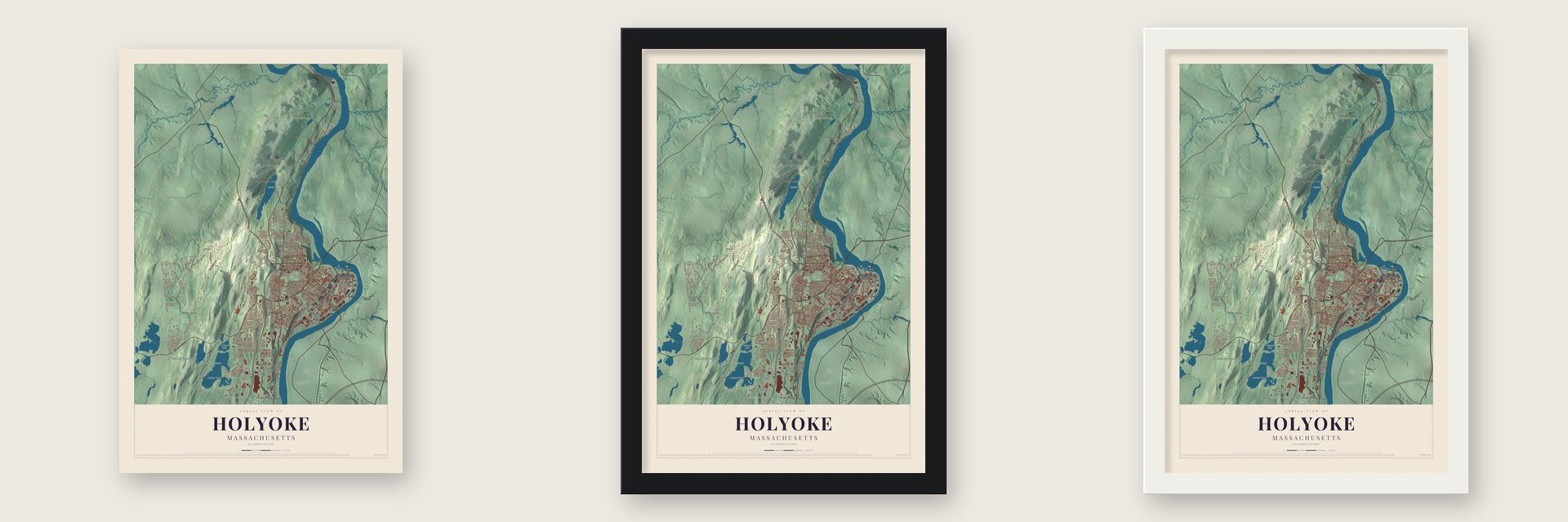 Holyoke, Massachusetts map unframed, in a black wood frame and in a white wood frame