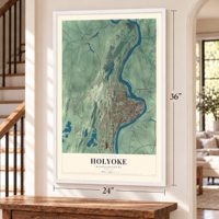 Holyoke, Massachusetts map, 24 x 36 inch print in a white frame by a staircase
