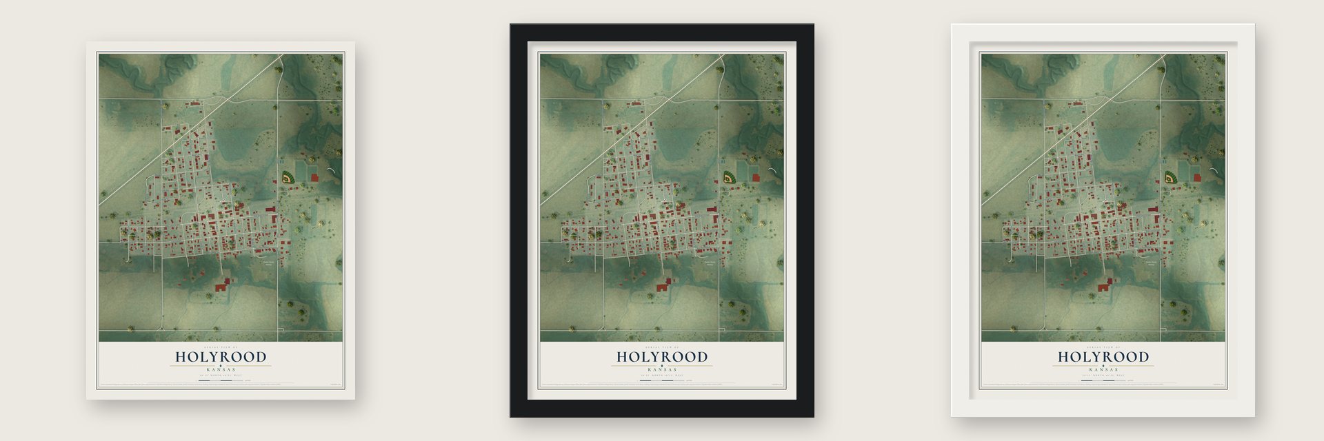 Holyrood, Kansas map unframed, in a black wood frame and in a white wood frame