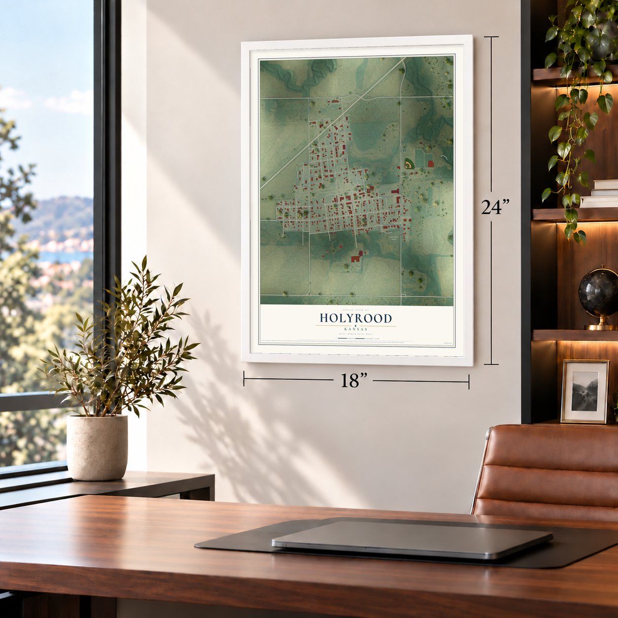 Holyrood, Kansas map, 18 x 24 inch print in a white frame in a home office
