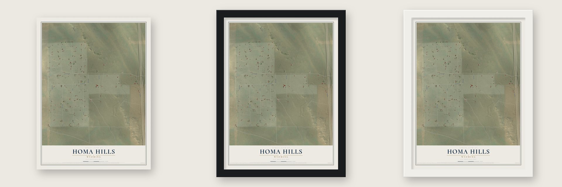 Homa Hills, Wyoming map unframed, in a black wood frame and in a white wood frame