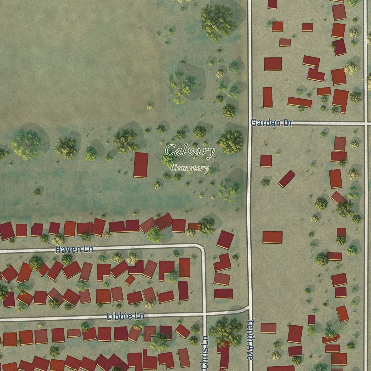 Second close-up of the map of Home Garden, California print showing more streets and buildings