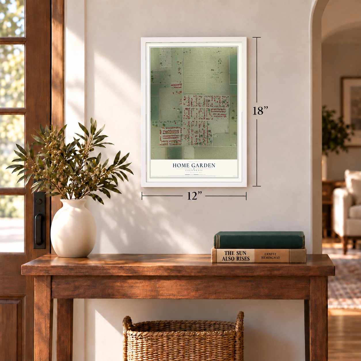 Home Garden, California map, 12 x 18 inch print in a white frame in an entryway