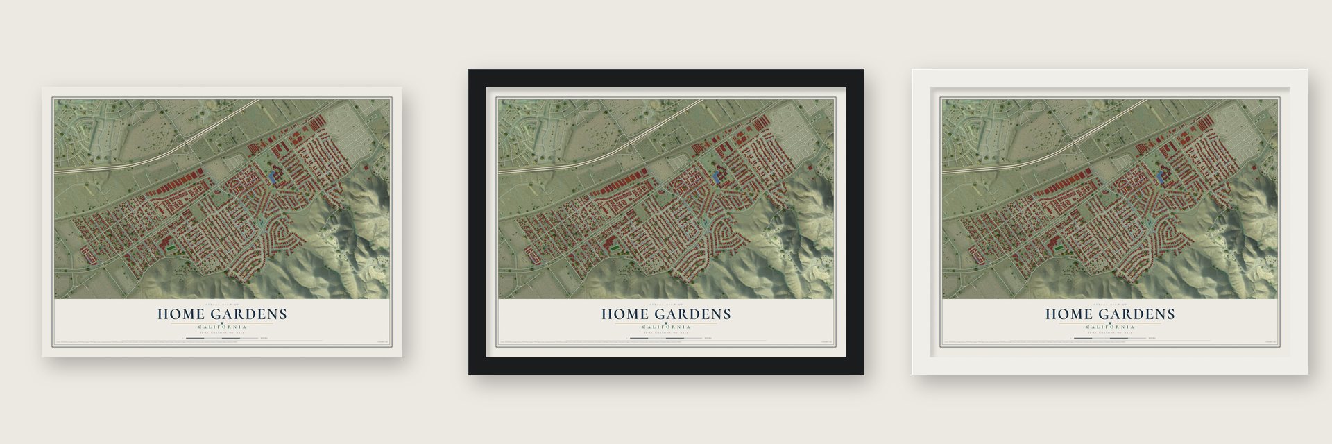 Home Gardens, California map unframed, in a black wood frame and in a white wood frame