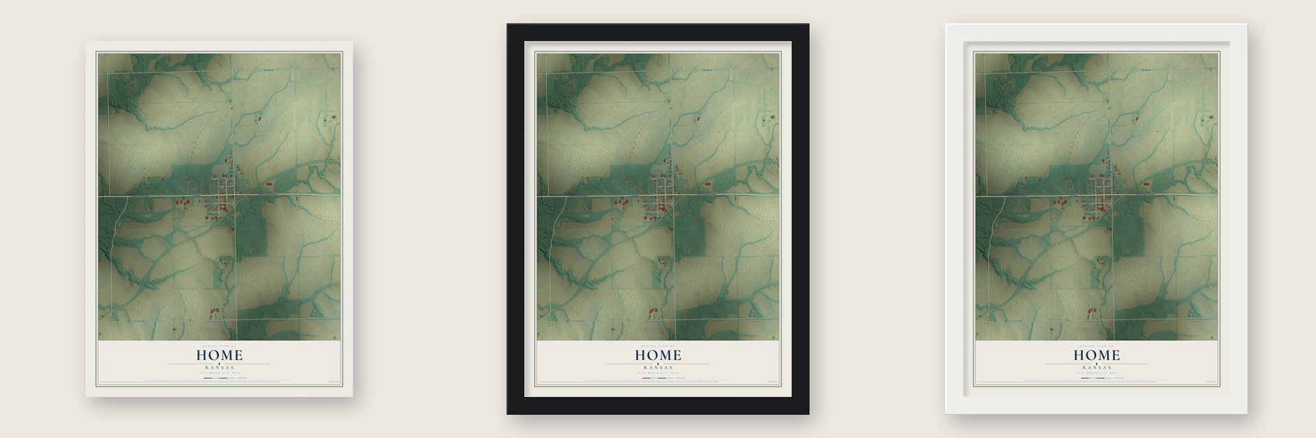 Home, Kansas map unframed, in a black wood frame and in a white wood frame