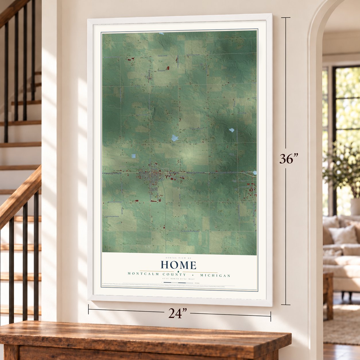 Home, Montcalm County, Michigan map, 24 x 36 inch print in a white frame by a staircase
