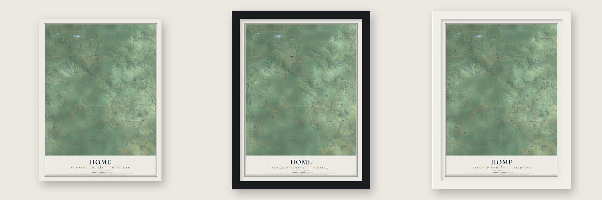 Home, Newaygo County, Michigan map unframed, in a black wood frame and in a white wood frame