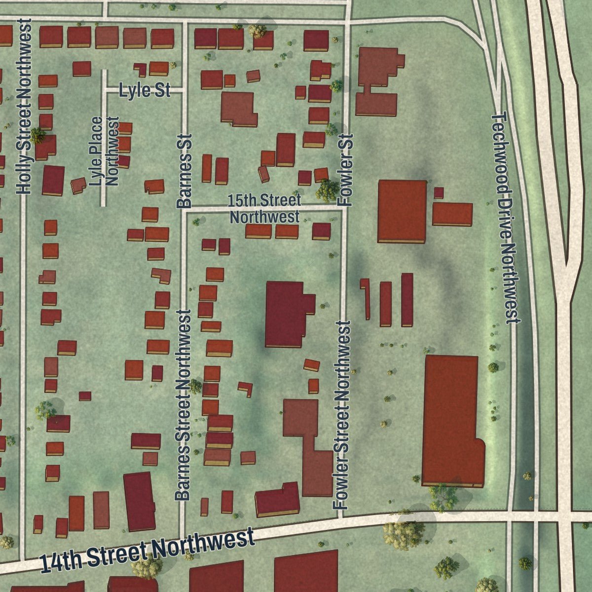 Second close-up of the map of Home Park, Georgia print showing more streets and buildings