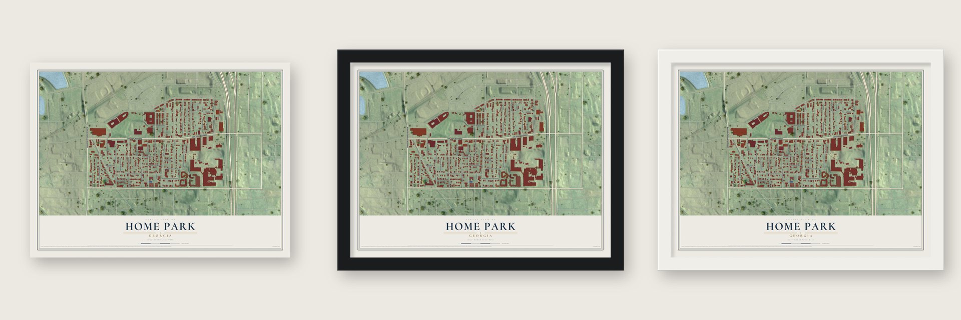 Home Park, Georgia map unframed, in a black wood frame and in a white wood frame