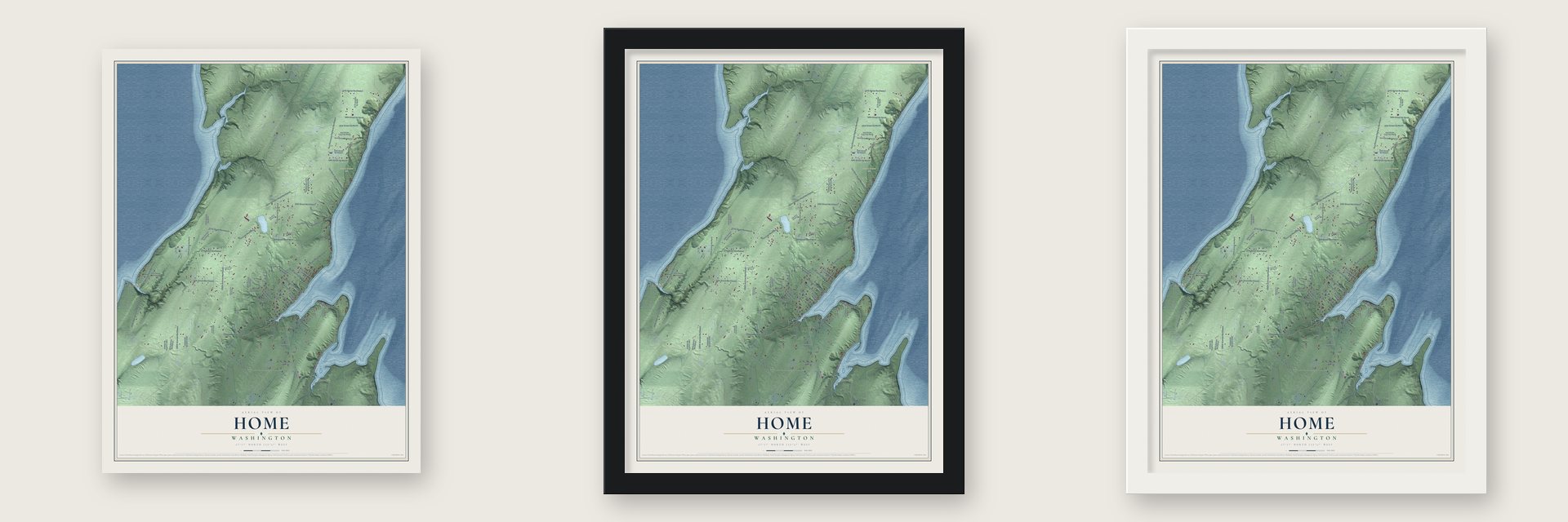 Home, Washington map unframed, in a black wood frame and in a white wood frame