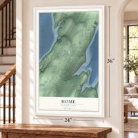 Home, Washington map, 24 x 36 inch print in a white frame by a staircase