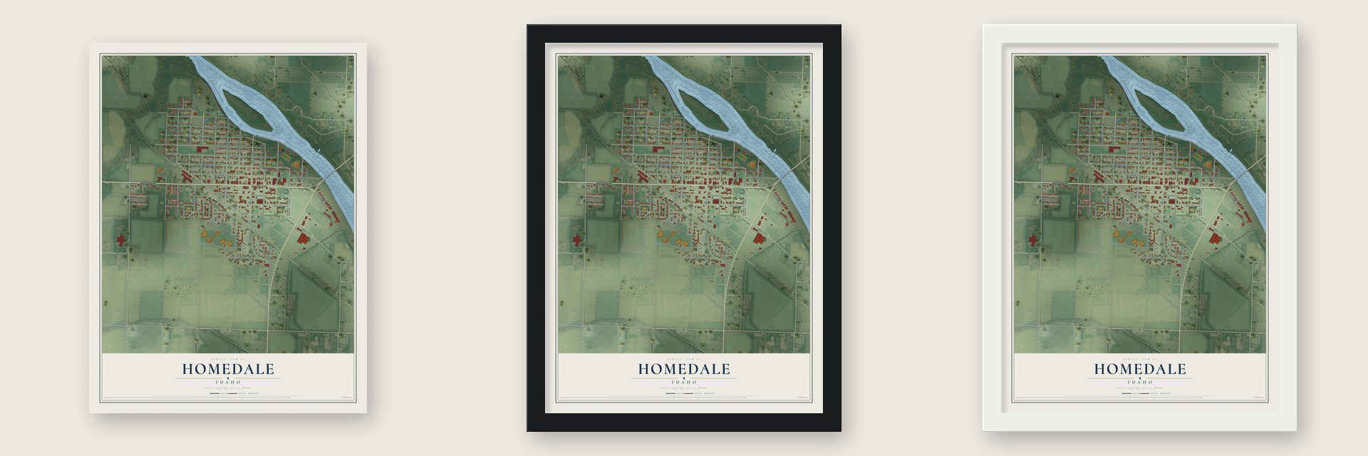 Homedale, Idaho map unframed, in a black wood frame and in a white wood frame