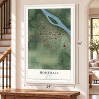 Homedale, Idaho map, 24 x 36 inch print in a white frame by a staircase