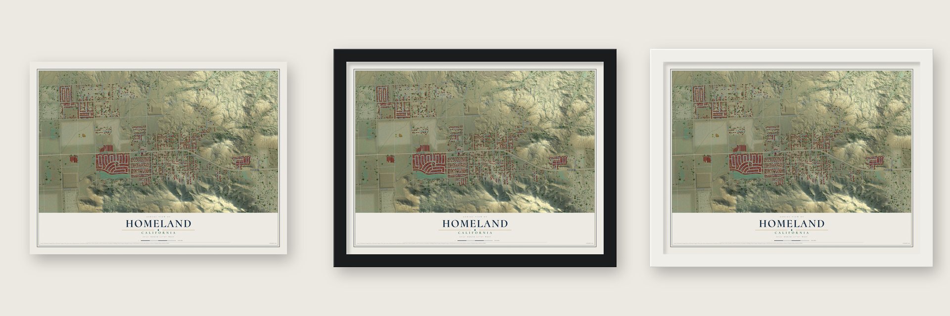 Homeland, California map unframed, in a black wood frame and in a white wood frame