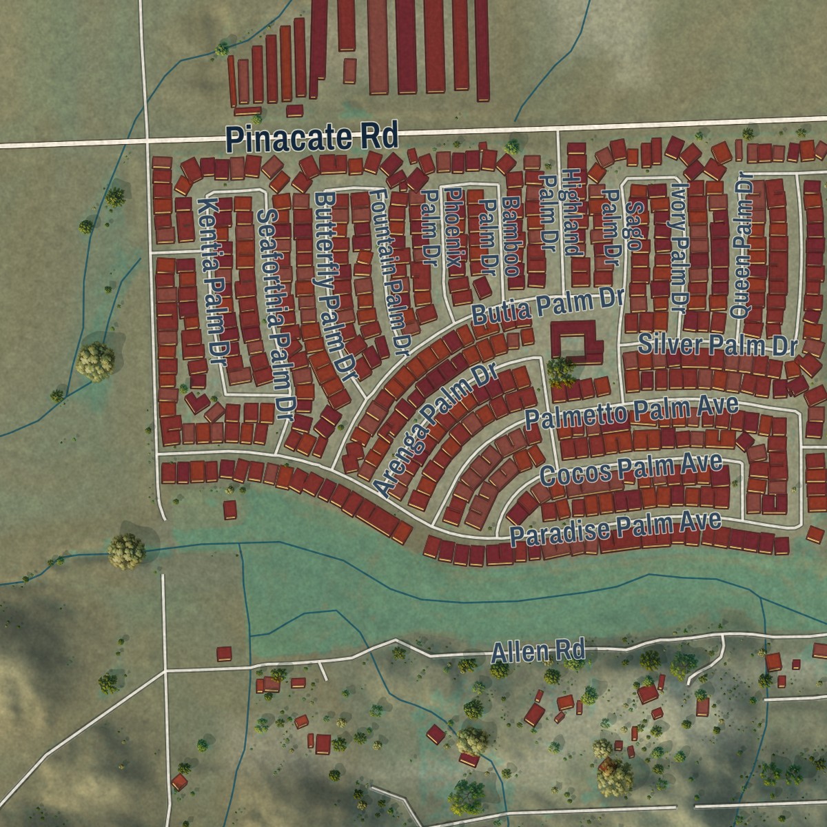 Second close-up of the map of Homeland, California print showing more streets and buildings