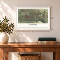 Homeland, California map, 12 x 18 inch print in a white frame in an entryway