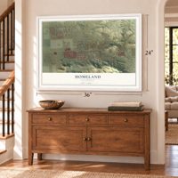 Homeland, California map, 24 x 36 inch print in a white frame above a dresser by a staircase