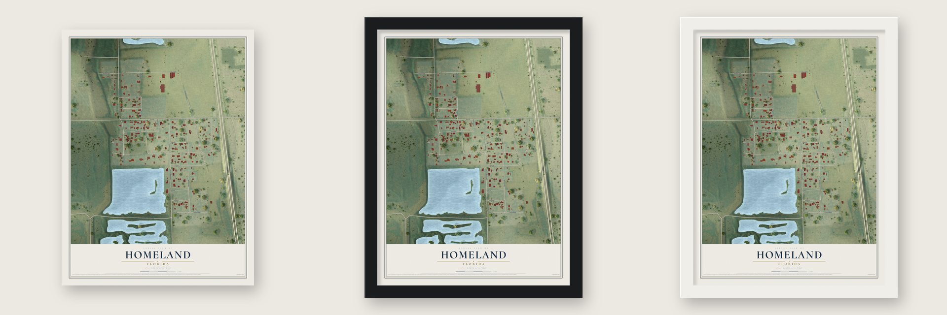 Homeland, Florida map unframed, in a black wood frame and in a white wood frame
