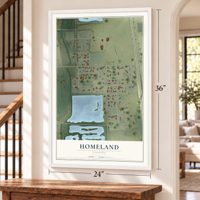 Homeland, Florida map, 24 x 36 inch print in a white frame by a staircase