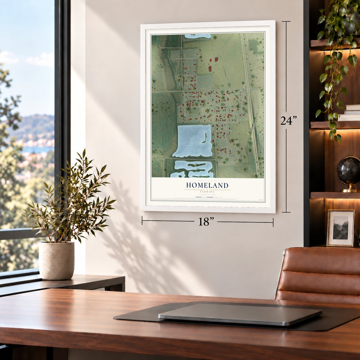 Homeland, Florida map, 18 x 24 inch print in a white frame in a home office