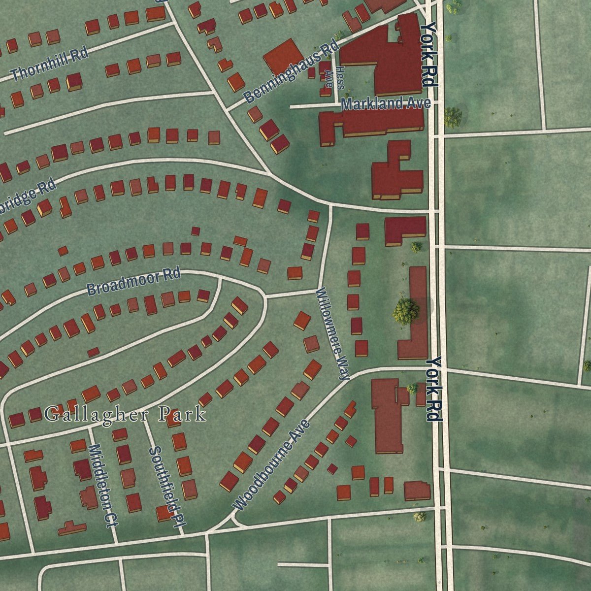 Second close-up of the map of Homeland, Maryland print showing more streets and buildings