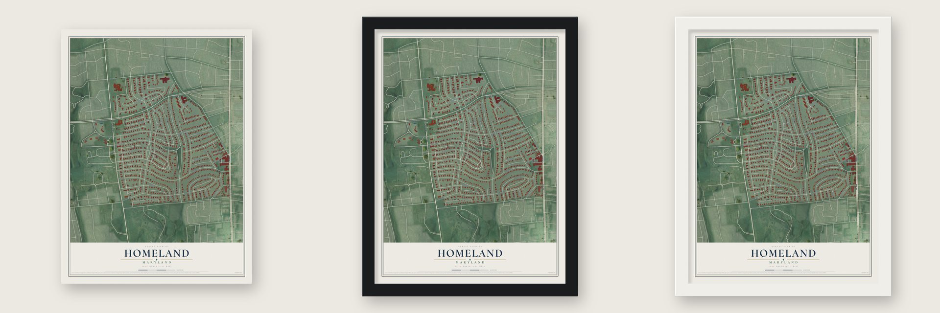 Homeland, Maryland map unframed, in a black wood frame and in a white wood frame