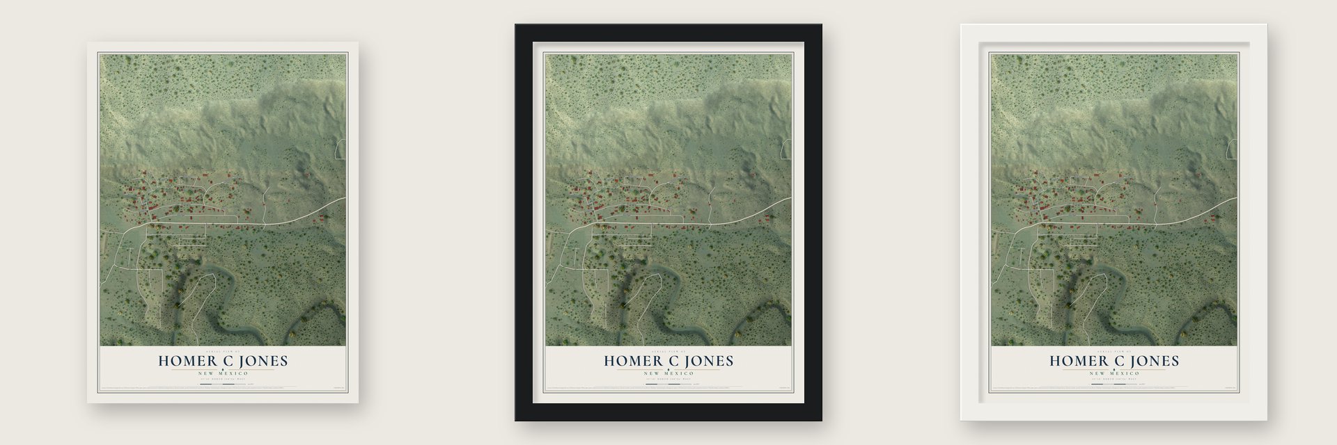 Homer C Jones, New Mexico map unframed, in a black wood frame and in a white wood frame