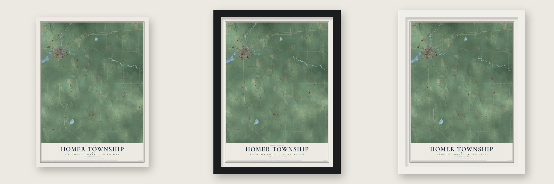 Homer Township, Calhoun County, Michigan map unframed, in a black wood frame and in a white wood frame