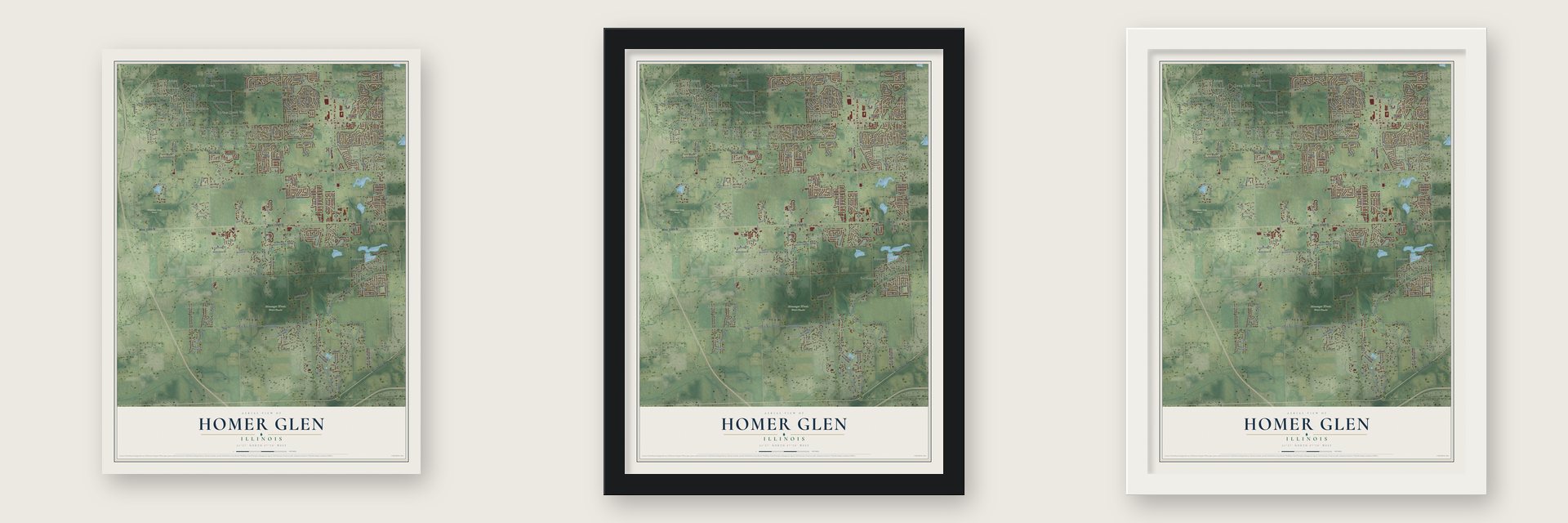Homer Glen, Illinois map unframed, in a black wood frame and in a white wood frame