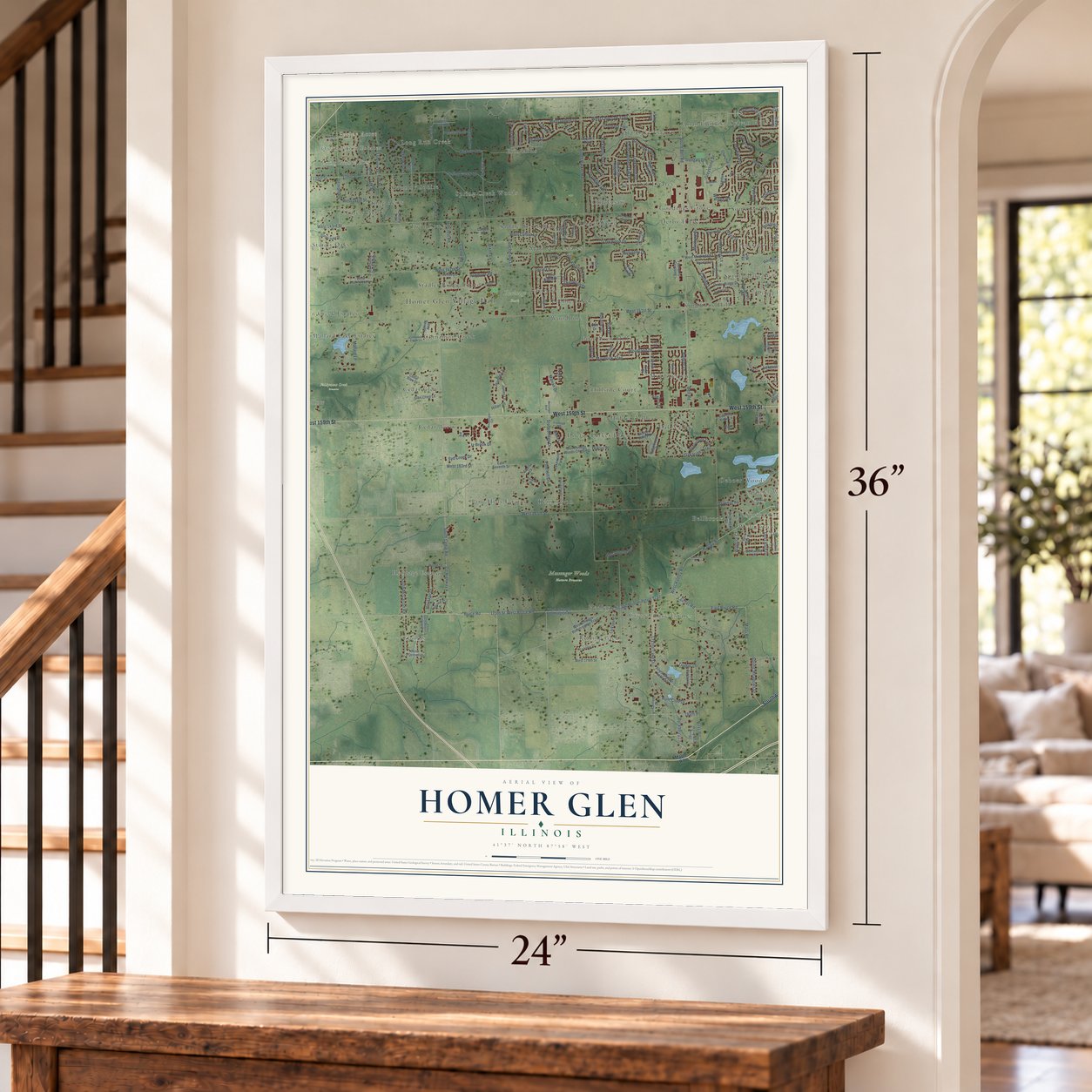 Homer Glen, Illinois map, 24 x 36 inch print in a white frame by a staircase