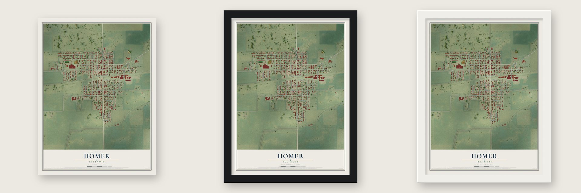 Homer, Illinois map unframed, in a black wood frame and in a white wood frame