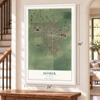 Homer, Illinois map, 24 x 36 inch print in a white frame by a staircase
