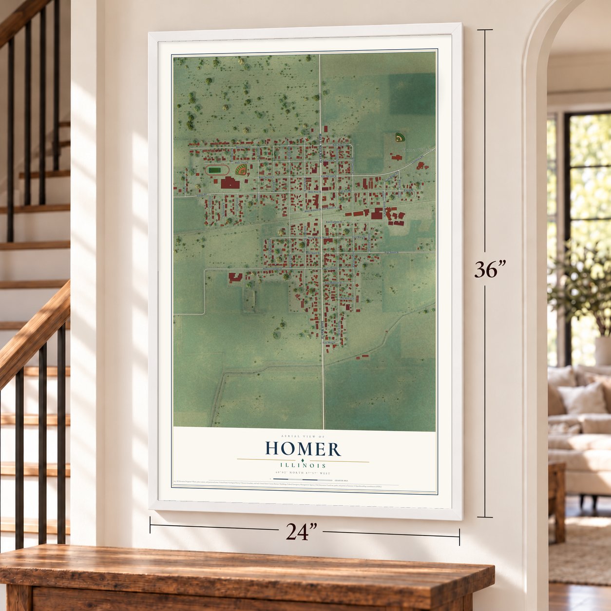Homer, Illinois map, 24 x 36 inch print in a white frame by a staircase