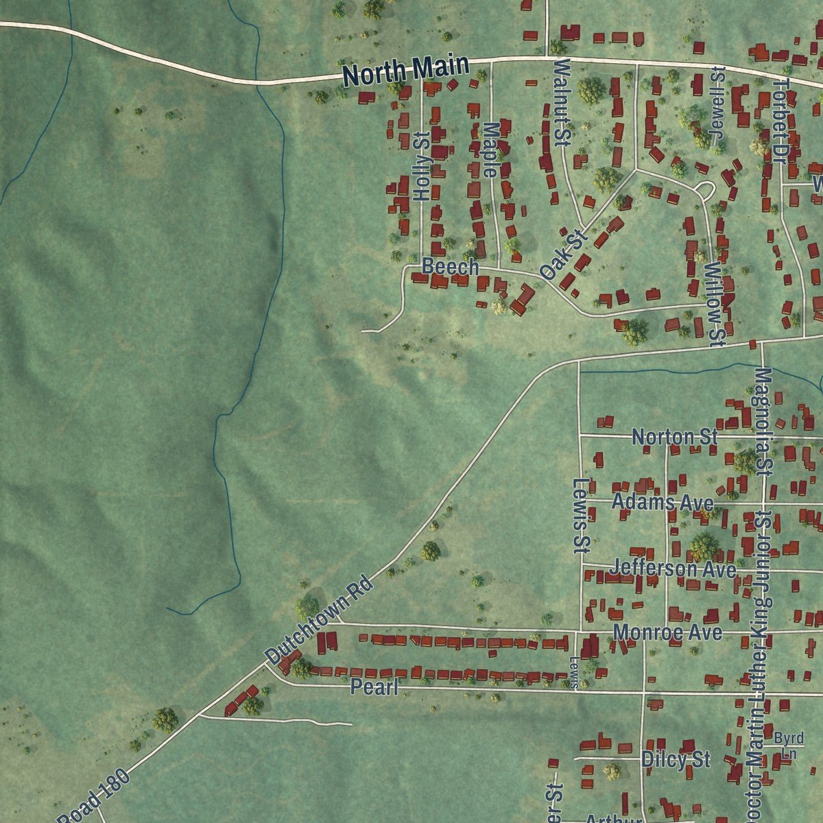 Second close-up of the map of Homer, Louisiana print showing more streets and buildings