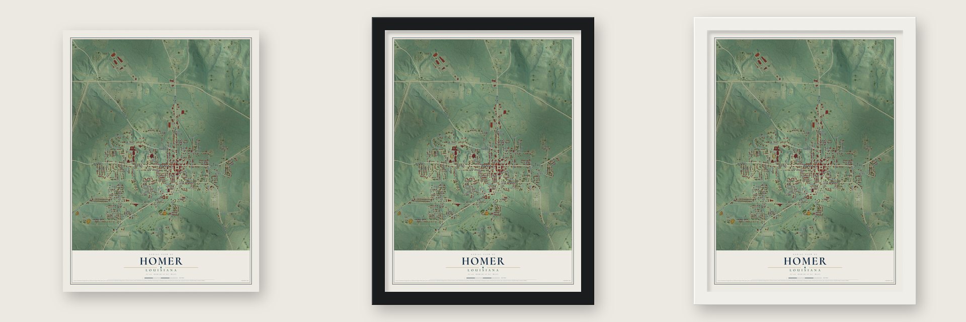 Homer, Louisiana map unframed, in a black wood frame and in a white wood frame