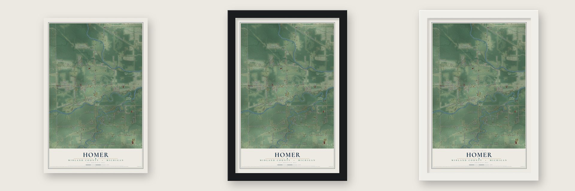 Homer, Midland County, Michigan map unframed, in a black wood frame and in a white wood frame