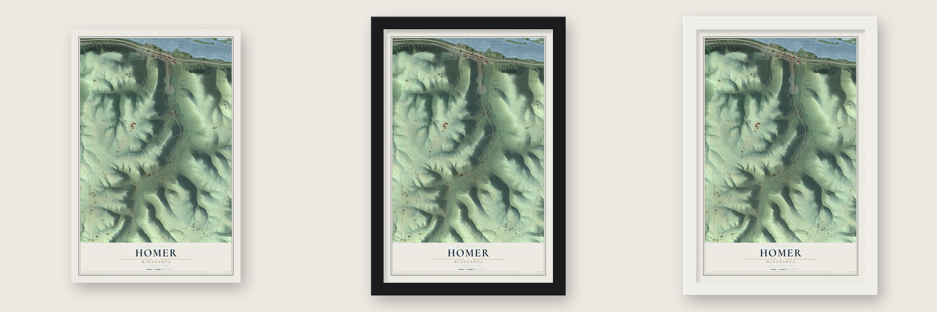 Homer, Minnesota map unframed, in a black wood frame and in a white wood frame